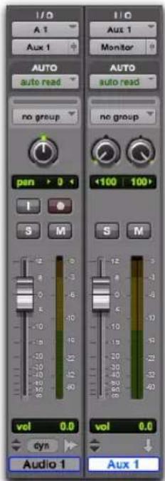 I/O A 1 Aux 1 AUTO auto read no group pen > 0 I S M Vol 0.0 cyn Audio 1 I/O Aux 1 Monitor AUTO auto read no group <100 | 100> S M Vol 0.0 cyn Aux 1