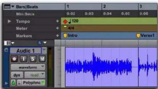 Bars | Boats 1 2 3 Min: Secs 0.02 0.03 0.04 0.05 0.06 Tempo 120 4/4 Markers Intro Verse1 Audio 1 I S M waveform dyn read Polyphnc