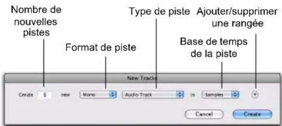 Nombre de nouvelles pistes Format de piste Type de piste Ajouter/supprimer une rangée Base de temps de la piste New Tracks Create & new Mono Audio Track in Samples Cancel Create
