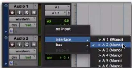 Audio 1 waveform dyn read A 1 A1-2 vol 0.0 no input interface bus plug-in pan > 0 >A 1 (Mono) >A 2 (Mono) >A 3 (Mono) >A 4 (Mono) >A 5 (Mono) >A 6 (Mono)