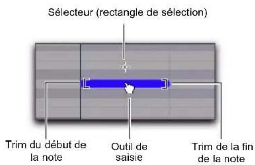 Sélecteur (rectangle de sélection) Trim du début de la note Outil de saisie Trim de la fin de la note