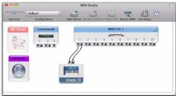 MIDI Studio Default Icon Size Configuration Add Device - Bookage Device - Show Info Restrain MIDI Test Setup IAC Drive Command8 1 2 3 MIDI I/O 1 1 2 3 4 5 6 7 8 9 10 Network €2600