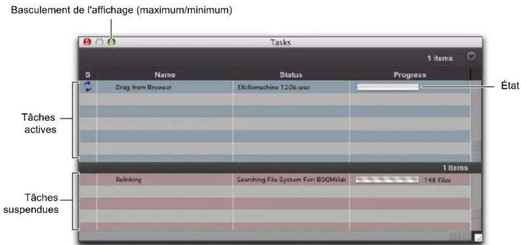 Basculement de l'affichage (maximum/minimum) Tasks 1 items S Name Status Progress État Drag from Browser 3Xclivmachine 120b.wav Tâches actives Tâches suspendues 1 items Refinking Searching File System For: BOOMatak 1-48 Files