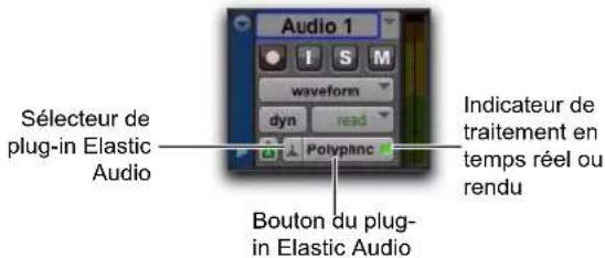 Audio 1 Sélecteur de plug-in Elastic Audio waveform dyn read Polyphnc Indicateur de traitement en temps réel ou rendu Bouton du plug- in Elastic Audio