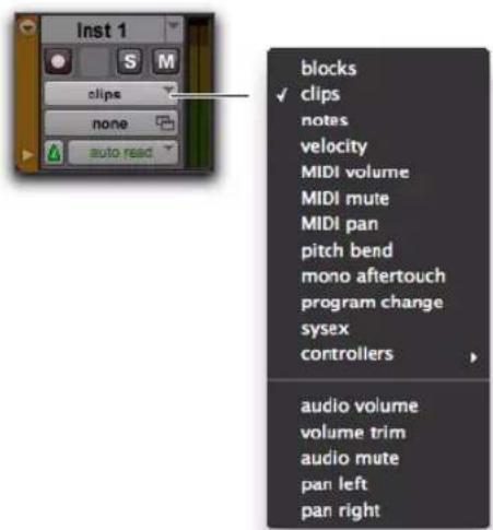 Inst 1 S M clips none auto read blocks ✓ clips notes velocity MIDI volume MIDI mute MIDI pan pitch bend mono aftertouch program change sysex controllers audio volume volume trim audio mute pan left pan right