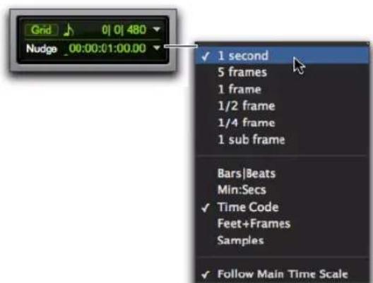 Grid 01 01 480 Nudge 00:00:01:00.00 ✓ 1 second 5 frames 1 frame 1/2 frame 1/4 frame 1 sub frame Bars|Beats Min:Secs ✓ Time Code Feet+Frames Samples ✓ Follow Main Time Scale