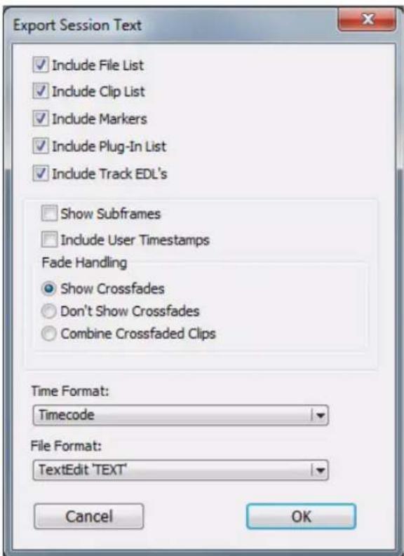 Avid Pro Tools 10.2 - Options de la boîte de dialogue Export Session Text - 1