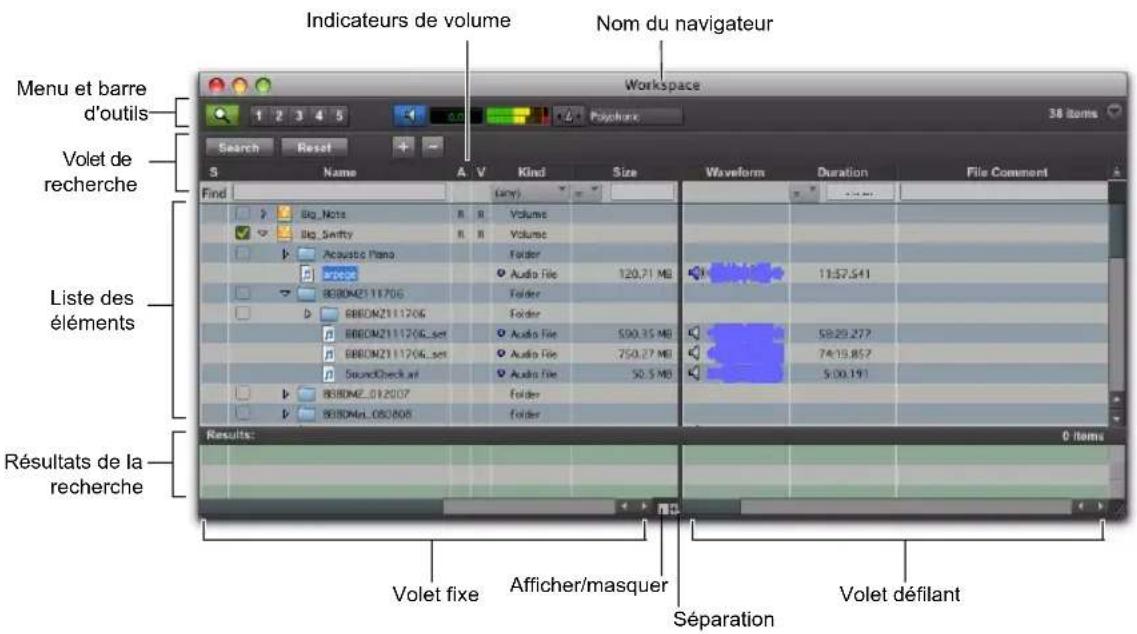 Indicateurs de volume Nom du navigateur Menu et barre d'outils Volet de recherche Liste des éléments Résultats de la recherche S Name A V Kind Size Waveform Duration File Comment Workspace 1 2 3 4 5 Search Reset Find Big_Note Big_Swifty Acoustic Piano BBOOMZ111706 BBROMZ111706_set BBROMZ111706_set SoundCheck.html BBROMZ_012007 BBROML_080808 Volume Volume Folder Audio File 120.71 MB Folder Audio File 500.35 MB Audio File 750.27 MB Audio File 50.5 MB Folder Volet fixe Afficher/masquer Séparation Volet défilant