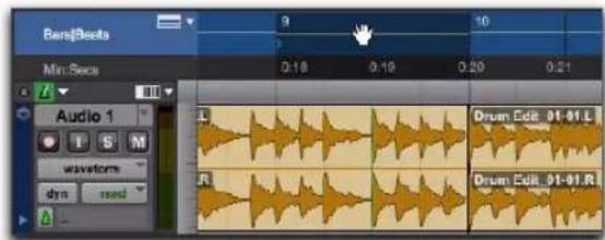 BensBeets 9 10 Min:Secs 0.18 0.19 0.20 0.21 Audio 1 L Drum Edit 01-01.L R Drum Edit 01-01.R dys read