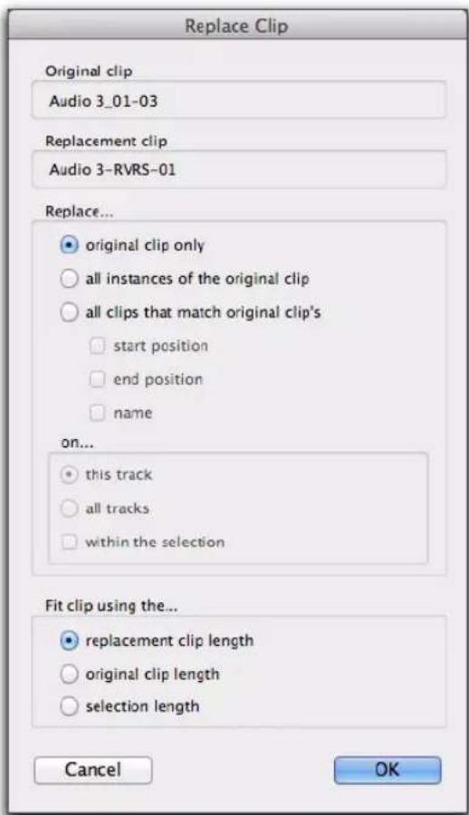 Avid Pro Tools 10.2 - Options de la boîte de dialogue Replace Clip - 1