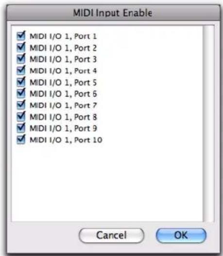 MIDI Input Enable ✓ MIDI I/O 1, Port 1 ✓ MIDI I/O 1, Port 2 ✓ MIDI I/O 1, Port 3 ✓ MIDI I/O 1, Port 4 ✓ MIDI I/O 1, Port 5 ✓ MIDI I/O 1, Port 6 ✓ MIDI I/O 1, Port 7 ✓ MIDI I/O 1, Port 8 ✓ MIDI I/O 1, Port 9 ✓ MIDI I/O 1, Port 10 Cancel OK