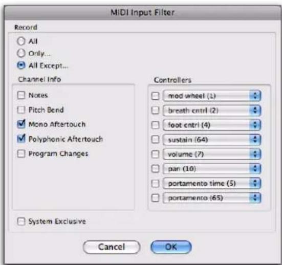 MIDI Input Filter Record All Only... All Except... Channel Info Notes Pitch Bend Mono Aftertouch Polyphonic Aftertouch Program Changes Controllers mod wheel (1) breath ctrl (2) foot ctrl (4) sustain (64) volume (7) pan (10) portamento time (5) portamento (65) System Exclusive Cancel OK