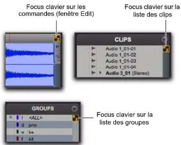 Focus clavier sur les commandes (fenêtre Edit) Focus clavier sur la liste des clips CLIPS Audio 1_01-01 Audio 1_01-02 Audio 1_01-03 Audio 1_01-04 Audio 3_01 (Stereo) GROUPS Focus clavier sur la liste des groupes
