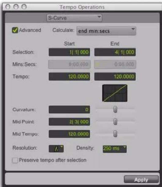Tempo Operations S-Curve Advanced Calculate: end min:secs Start End Selection: 1| 1| 000 4| 1| 000 Mins:Secs: 0:00.000 0:06.000 Tempo: 120.0000 120.0000 Curvature: 0 Mid Point: 2| 3| 000 Mid Tempo: 120.0000 Resolution: Density: 250 ms Preserve tempo after selection Apply