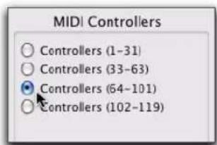 MIDI Controllers ○ Controllers (1-31) ○ Controllers (33-63) ● Controllers (64-101) ○ Controllers (102-119)