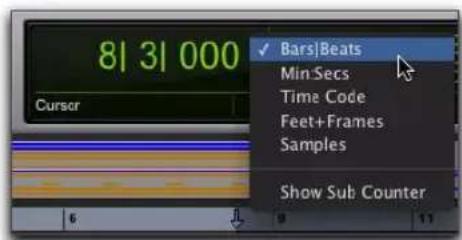 8 | 3 | 000 Curser ✓ Bars|Beats Min:Secs Time Code Feet+Frames Samples Show Sub Counter