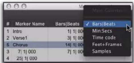 Marker Name Bars|Beats ✓ Bars|Beats 1 Intro 1| 1| 00 Min:Secs 2 Verse1 3| 1| 00 Time code 5 Chorus 14| 1| 00 Feet+Frames 3 7| 1| 000 7| 1| 00 Samples 4 25| 1| 000