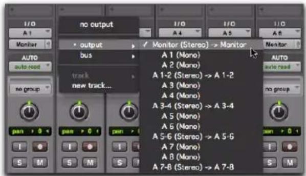 I/O A 1 Monitor AUTO auto read no output output bus track new track... Pan Pan Pan Pan Monitor (Stereo) → Monitor A 1 (Mono) A 2 (Mono) A 1-2 (Stereo) → A 1-2 A 3 (Mono) A 4 (Mono) A 3-4 (Stereo) → A 3-4 A 5 (Mono) A 6 (Mono) A 5-6 (Stereo) → A 5-6 A 7 (Mono) A 8 (Mono) A 7-8 (Stereo) → A 7-8