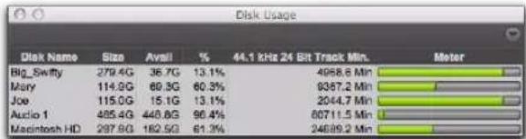 Disk Usage Disk Name Size Avall % 44.1 kHz 24 Bit Track Min. Meter Big_Swifty 279.4G 36.7G 13.1% 4968.6 Min Mary 114.9G 60.3G 60.3% 9387.2 Min Joe 115.0G 15.1G 13.1% 2044.7 Min Audio 1 485.4G 446.8G 96.4% 60711.5 Min Macintosh HD 297.8G 182.5G 61.3% 24689.2 Min