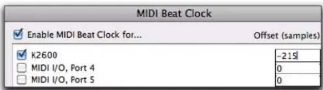MIDI Beat Clock Enable MIDI Beat Clock for... Offset (samples) K2600 MIDI I/O, Port 4 MIDI I/O, Port 5 -215 0 0