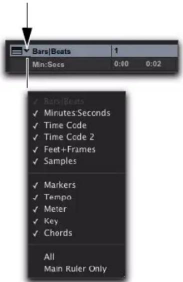 Bars|Beats 1 Min:Secs 0:00 0:02 ✓ Bars|Beats ✓ Minutes Seconds ✓ Time Code ✓ Time Code 2 ✓ Feet+Frames ✓ Samples ✓ Markers ✓ Tempo ✓ Meter ✓ Key ✓ Chords All Main Ruler Only