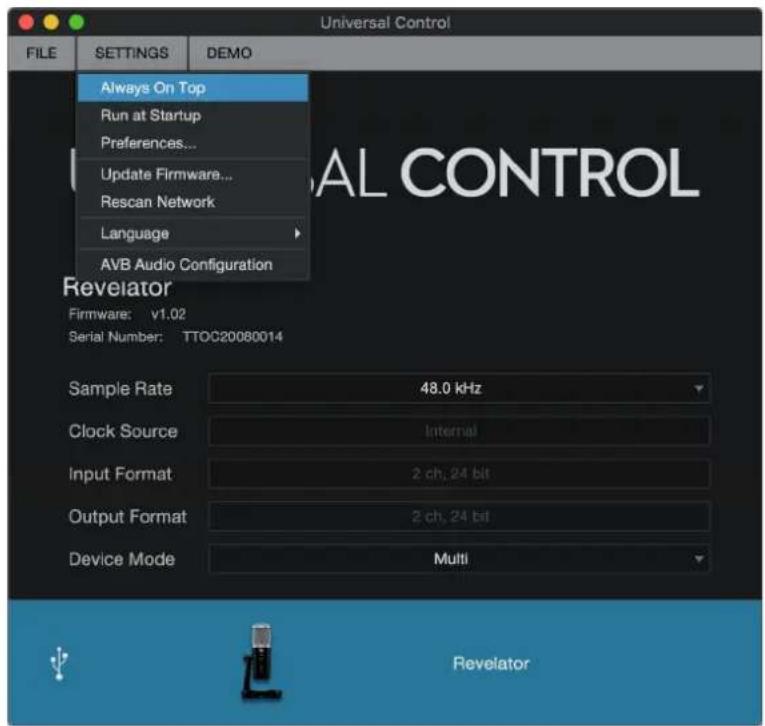 PRESONUS Revelator - Éléments du menu de la fenêtre de lancement - 2
