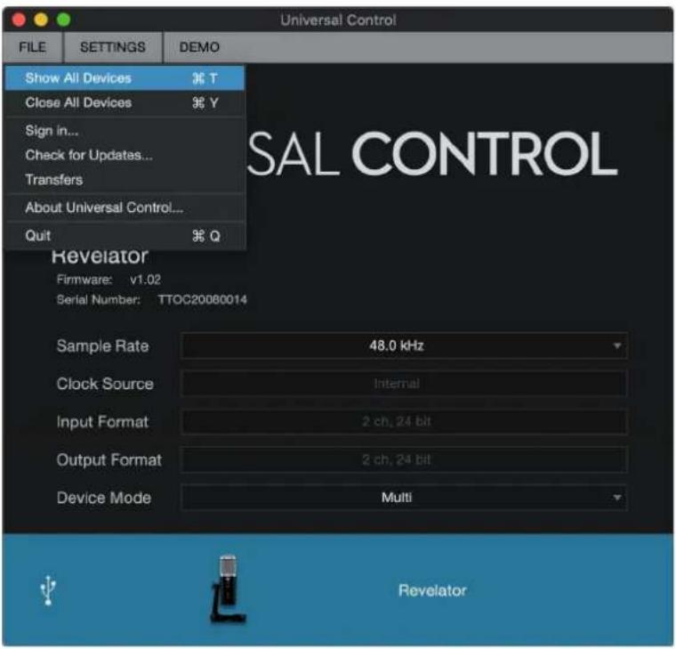 PRESONUS Revelator - Éléments du menu de la fenêtre de lancement - 1
