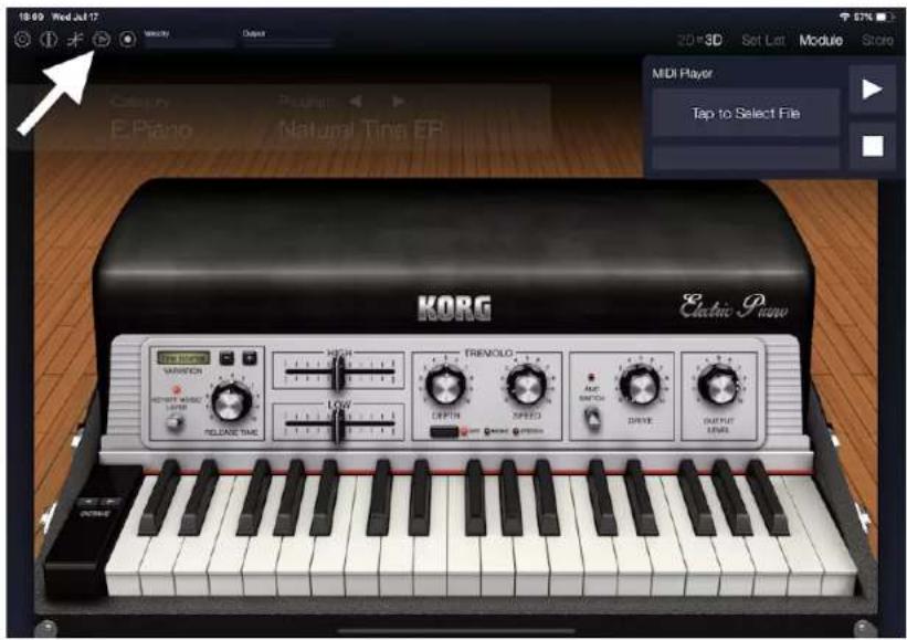 KORG Module - 画面の左上にあるアイコンをタップしてMIDIプレーヤーを表示します。 - 1