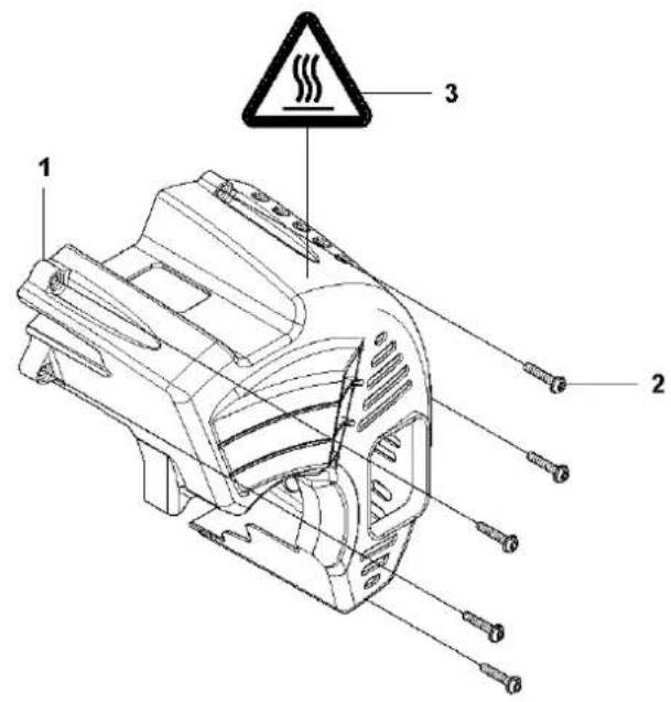 Technical diagram of a mechanical device with numbered parts and a warning sign indicating hazard.