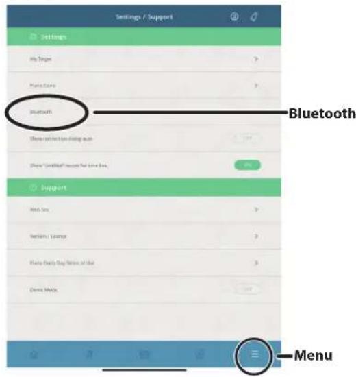 ROLAND LX706 - Appuyez sur le menu situé en bas à droite de l'écran de l'application, puis dans l'écran du menu, appuyez sur « Bluetooth » - 1