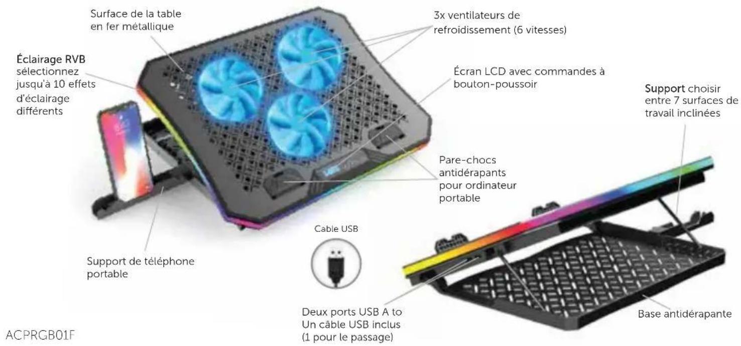 Aluratek ACPRGB01F - Coussin de refroidissement ergonomique pour ordinateur portable USB avec lumières RVB - 1