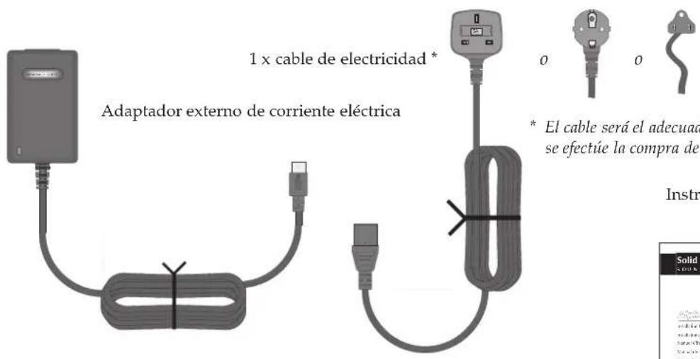 1 x cable de electricidad * Adaptador externo de corriente eléctrica * El cable será el adecuada se efectúe la compra de Instr. Solid