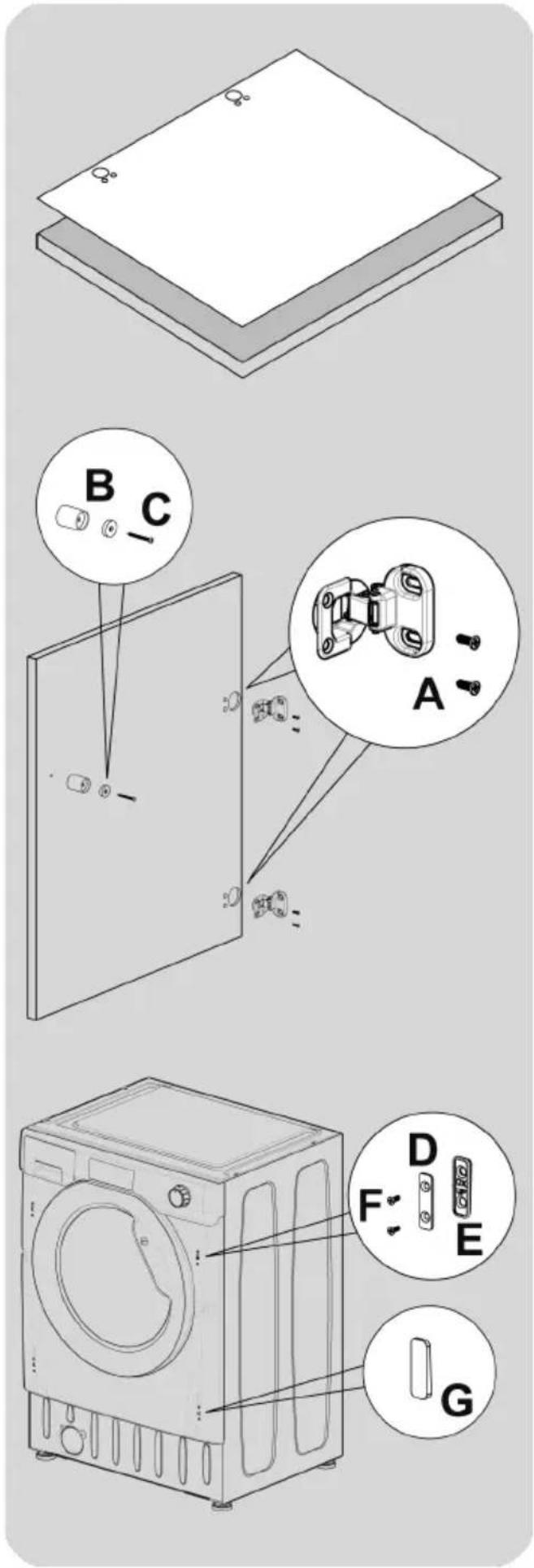 BRANDT BWD1754I - Instrucciones para el montaje de la puerta del mueble - 1