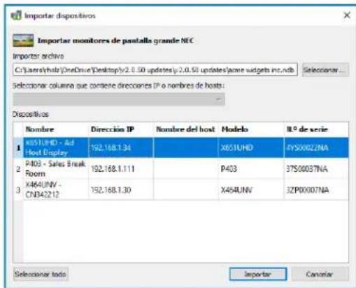 NEC NaViSet Administrator 2 - Dialogo Importar dispositivos: monitores de pantalla grande NEC - 1