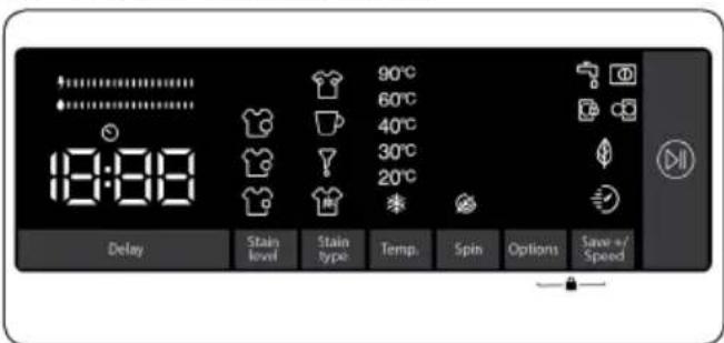 18:00 90°C 60°C 40°C 30°C 20°C Delay Stain level Stain type Temp. Spin Options Sawer + Speed