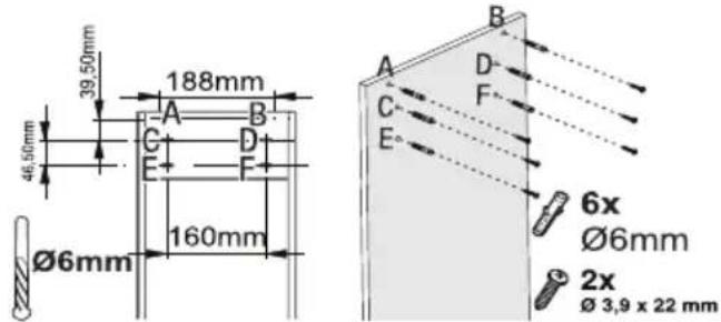 39.50mm 188mm 46.50mm Ø6mm 160mm A B C D E F B D F 6x Ø6mm 2x Ø 3,9 x 22 mm