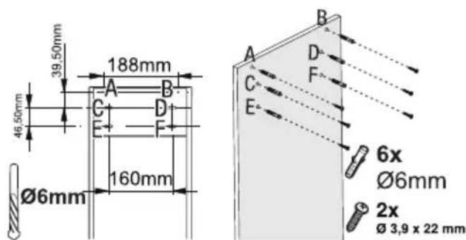 39.50mm 188mm 46.50mm Ø6mm 160mm A B C D E F B D F 6x Ø6mm 2x Ø 3,9 x 22 mm