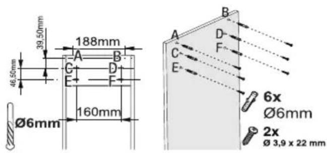 39.50mm 188mm 46.50mm A B C D E F Ø6mm 160mm B A D C F E 6x Ø6mm 2x Ø 3,9 x 22 mm