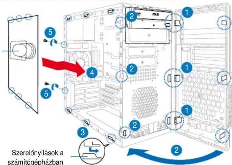 ASUS V3P5G31 - A bóvitöhelyek fedeleinek eltávolítasa és az elülső szerelény, illetve az oldásó fedél visszaszerelése - 2