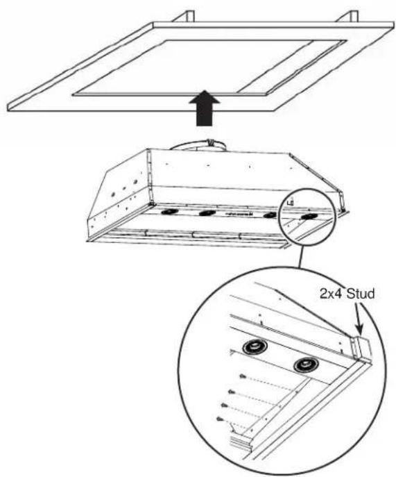Technical diagram showing structural components with labeled parts and a magnified inset of a 2x4 stud assembly.