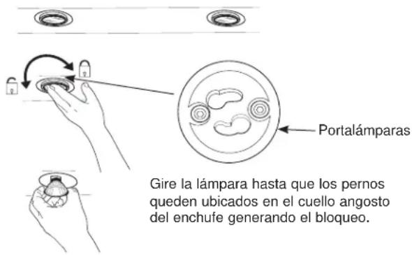 Portalámparas Gire la lámpara hasta que los pernos queden ubicados en el cuello angosto del enchufe generando el bloqueo.