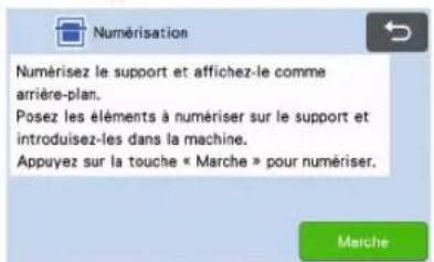 Numérisation Numérisez le support et affichez-le comme arrière-plan. Posez les éléments à numériser sur le support et introduisez-les dans la machine. Appuyez sur la touche « Marche » pour numériser. Marche