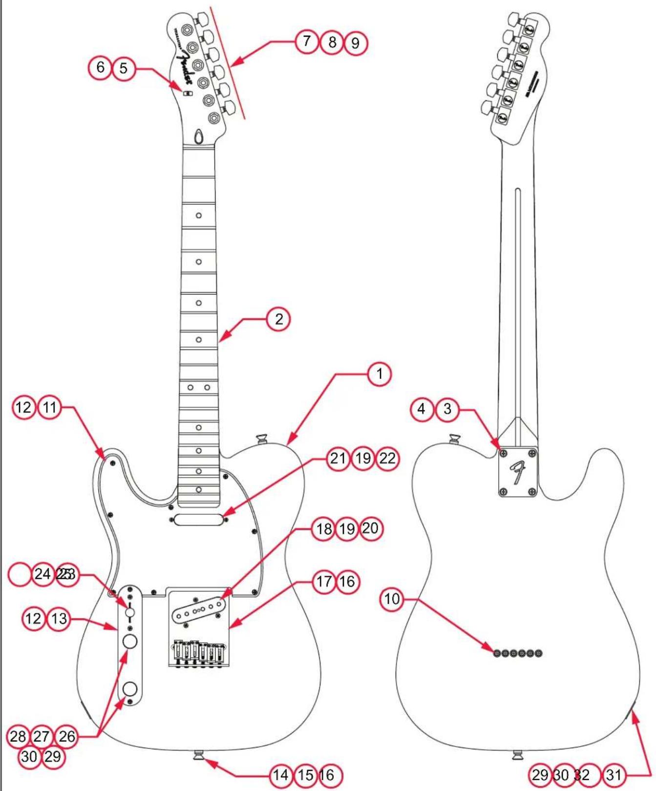 Diagram of an electric guitar with numbered parts and labeled parts for each instrument