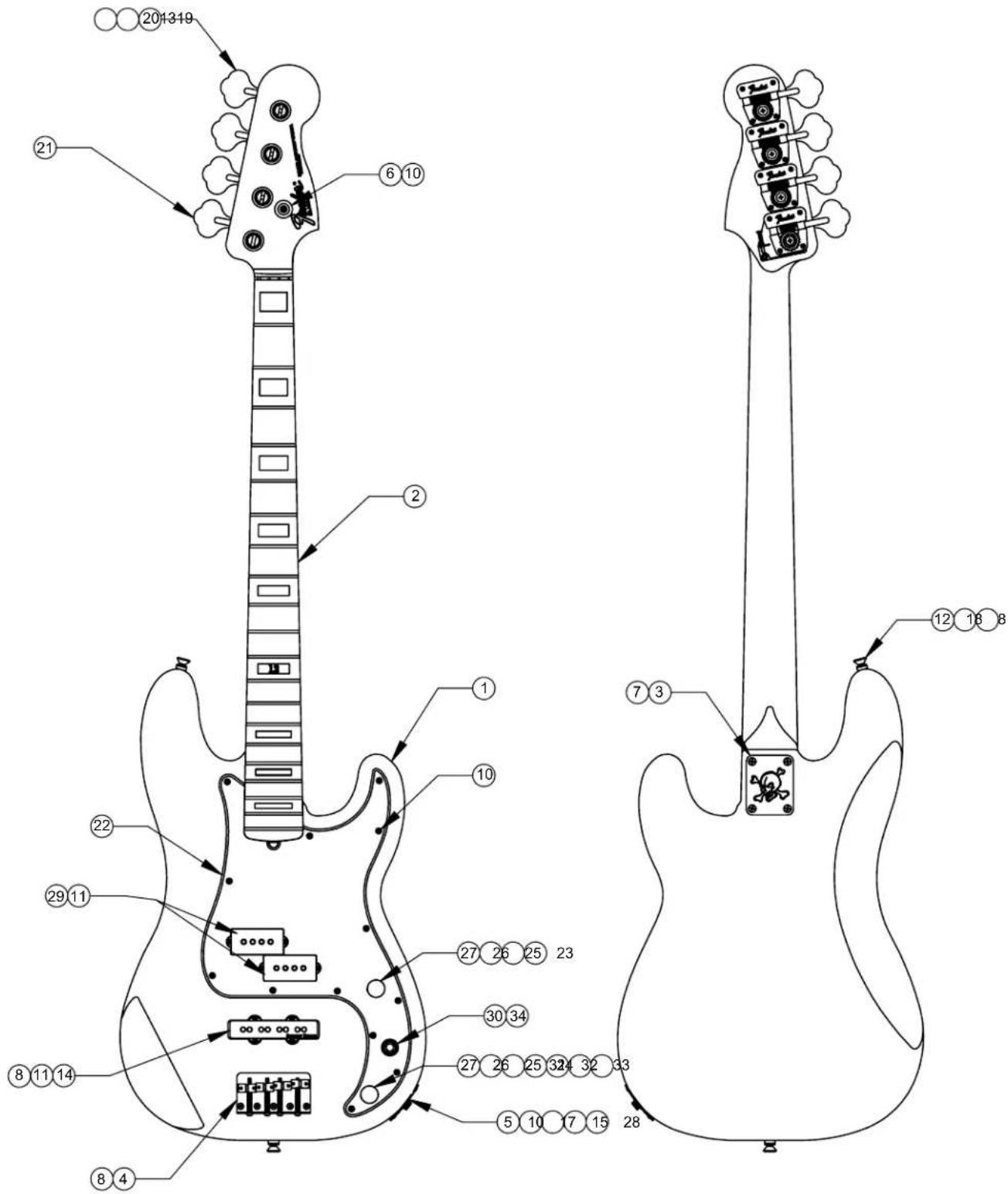 Technical diagram of an electric guitar with numbered parts and labeled buttons for electrical testing or circuit testing.