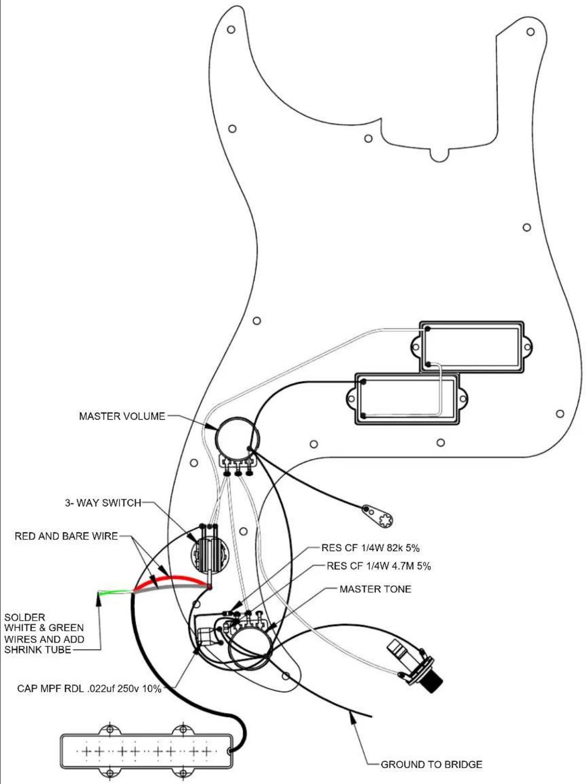 MASTER VOLUME 3- WAY SWITCH RED AND BARE WIRE SOLDER WHITE & GREEN WIRES AND ADD SHRINK TUBE CAP MPF RDL .022uf 250v 10% RES CF 1/4W 82k 5% RES CF 1/4W 4.7M 5% MASTER TONE GROUND TO BRIDGE