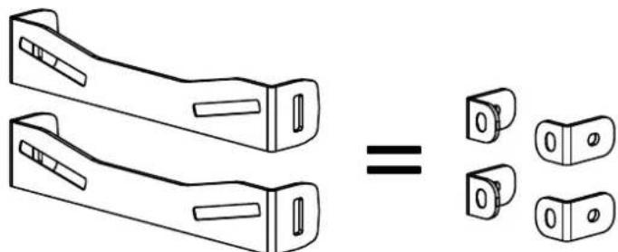 Diagram showing two mechanical components with a equality symbol between them, alongside three separate bracket-like parts.