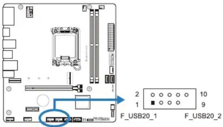 BIOSTAR H610MTE - F_USB20_1/F_USB20_2:前置面板USB2.0接头 - 1