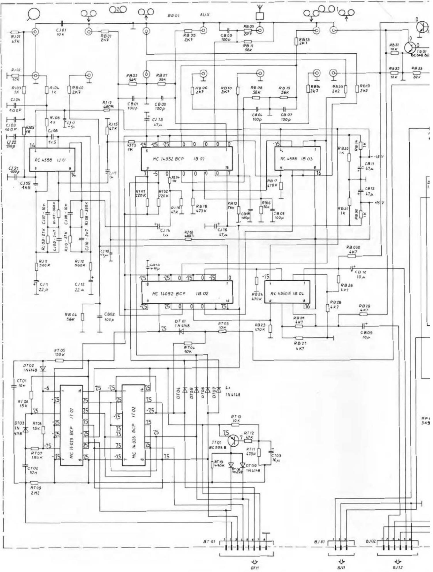 Electrical schematic diagram with labeled components including ICs, resistors, capacitors, and transistors