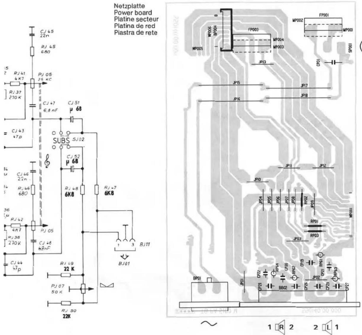 Netzplatte Power board Platine secteur Platina de red Piastra de rete SJ 45 22n RJ 45 680 CJ 47 6.8 nF CJ 51 μ 68 = CJ 43 47p SUBS SJ02 CJ 52 μ 68 CJ 46 22n RJ 48 6K8 RJ 7 6K8 CJ 44 47p RJ 42 4K7 RJ 38 270K PJ 05 CJ 48 68nF RJ 49 22 K PJ 07 50 K RJ 50 22K JP01 BPOI JP01 CP22 RF64 CP20 RF62 CP19 RP01 BBO2 BB02 CP26 CP21 CP23 LP53 1 R 2 L 1