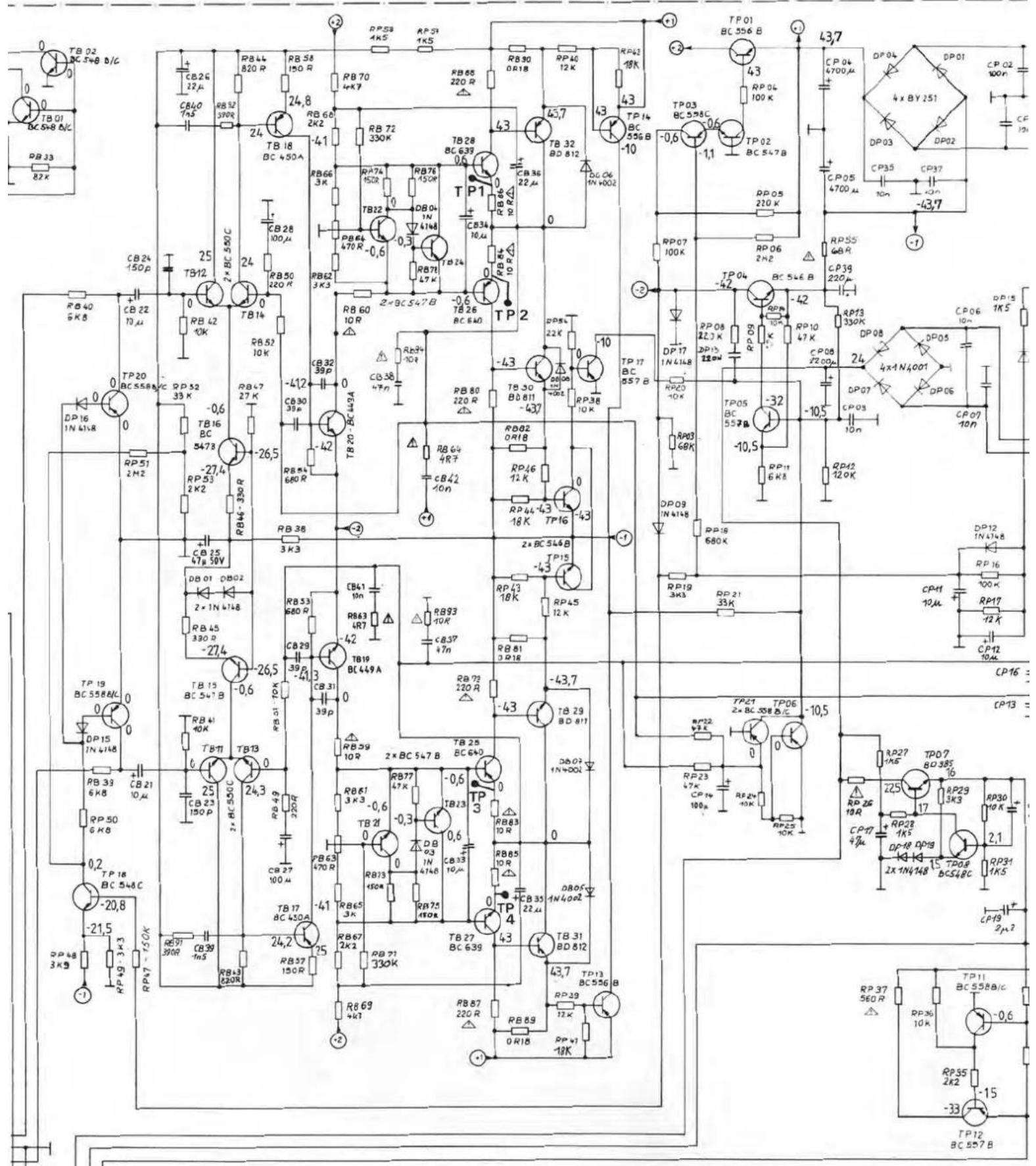 Electrical schematic diagram with labeled components, resistors, capacitors, and transistors for a multi-stage power supply or amplifier circuit.